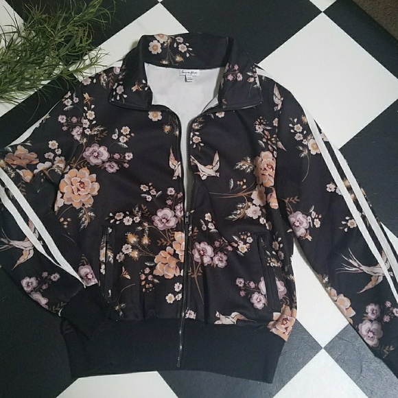 love, fire Jackets & Blazers - Black Floral Print Bomber Track Jacket M
